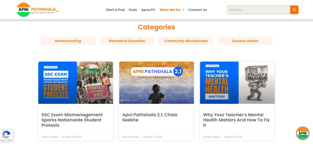Blog section with latest news and featured impact stories.