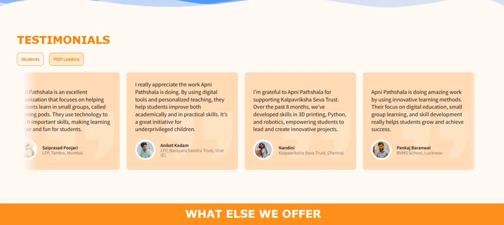 Testimonial quotes with images of satisfied donors or project beneficiaries.