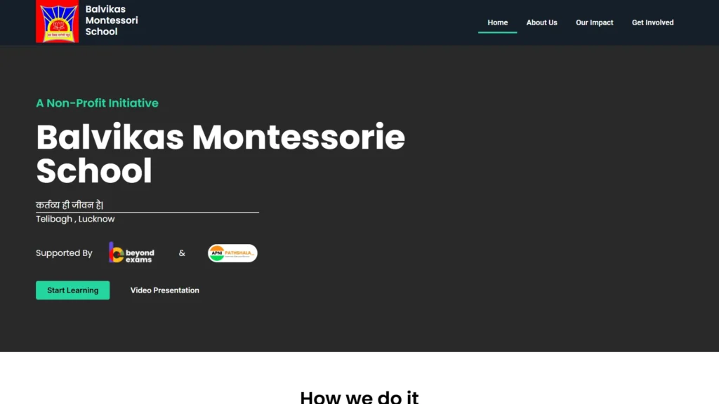 Hero section image showcasing Balvikas Montessori School's website which clearly explains their motive