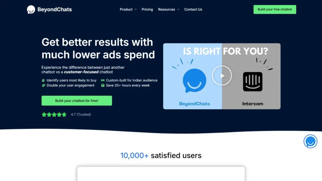 Hero section image showcasing Beyond Chat's website which clearly explains their motive