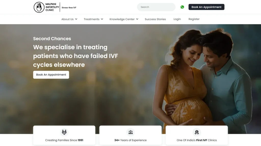 Hero section image showcasing Malpani Infertility Clinic's website which clearly explains their motive
