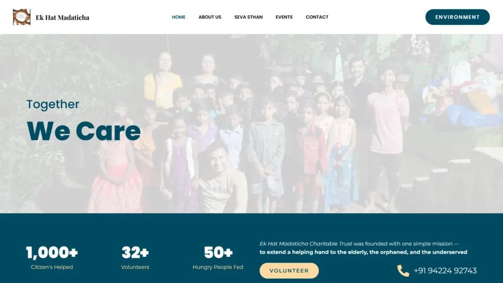 Hero section image showcasing Ek Hat Madaticha's website which clearly explains their motive