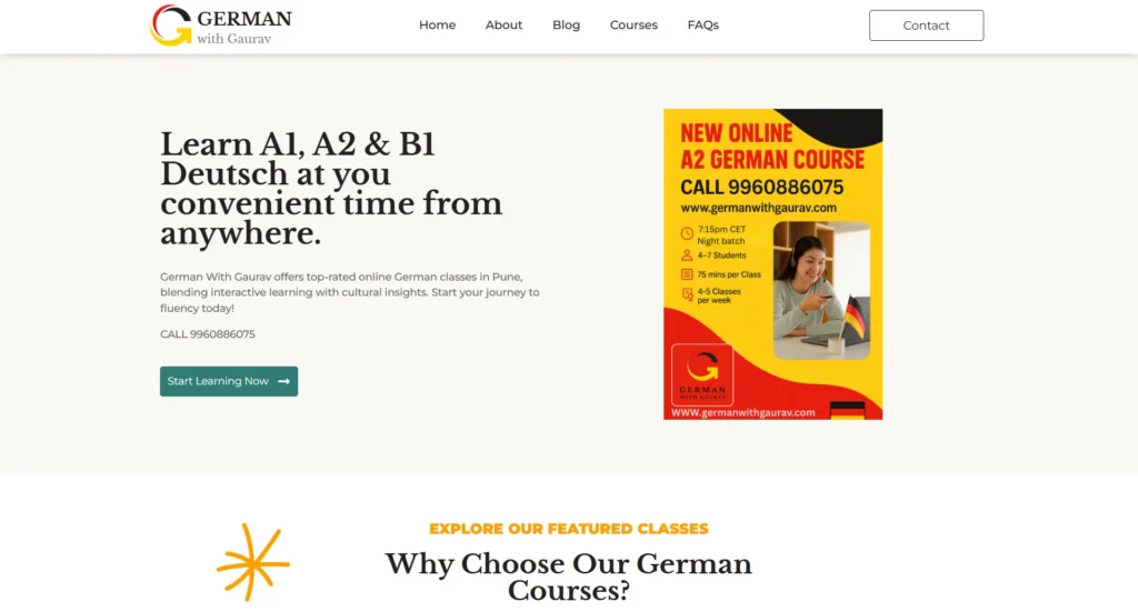 Hero section image showcasing German With Gaurav's website which clearly explains their motive
