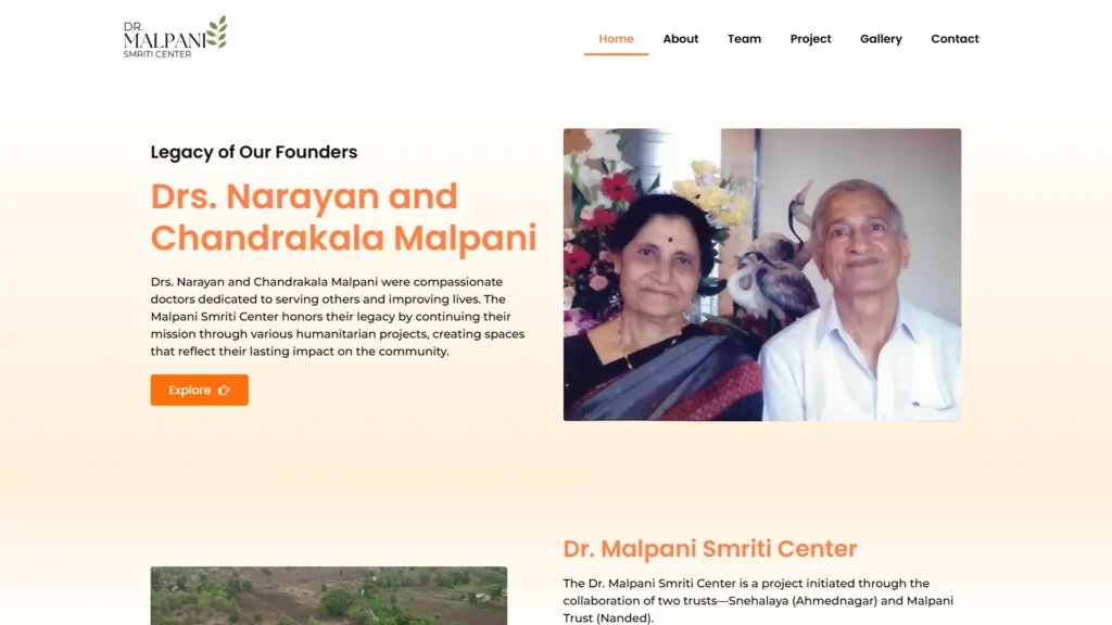 Hero section image showcasing Malpani Smriti Center's website which clearly explains their motive