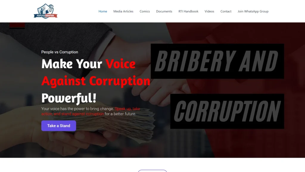 Hero section image showcasing People Vs Corruption's website which clearly explains their motive