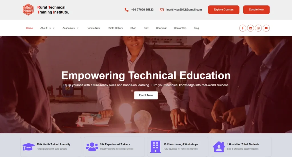 Hero section image showcasing Rural Technical Training Institute website which clearly explains their motive