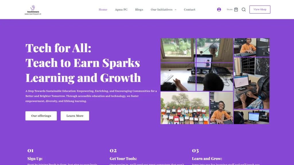 Hero section image showcasing Teach to earn's website which clearly explains their motive
