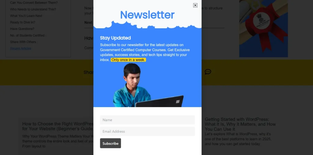 Email signup section inviting users to get regular NGO impact updates.