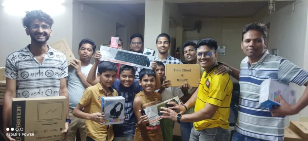 Volunteer distributing supplies, with a caption about the project’s outcome.