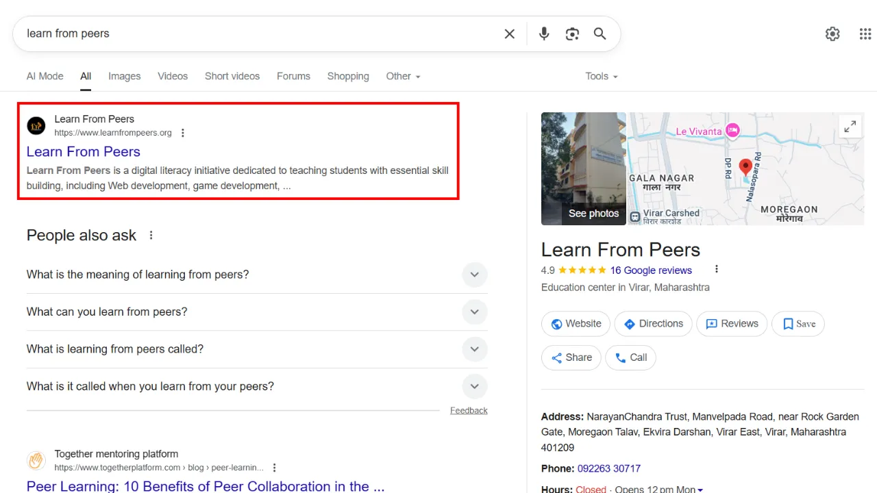 Learn From Peer ranking no.1 on their locality for their name after using freelance wala's services