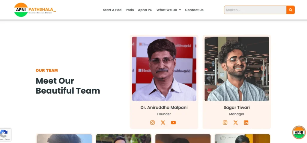 Apni Pathshala showcasing their team on the website