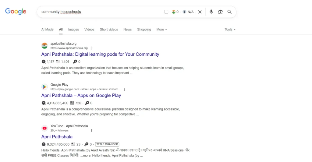 Apni Pathshala ranking on no 1 on the google search engine after freelance wala services