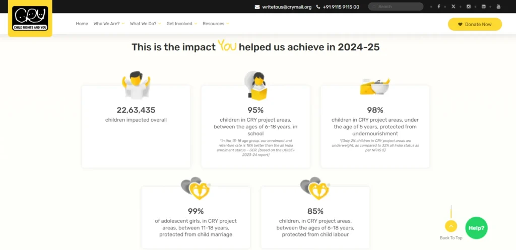 Cry website showcasing their impact metrics on their website