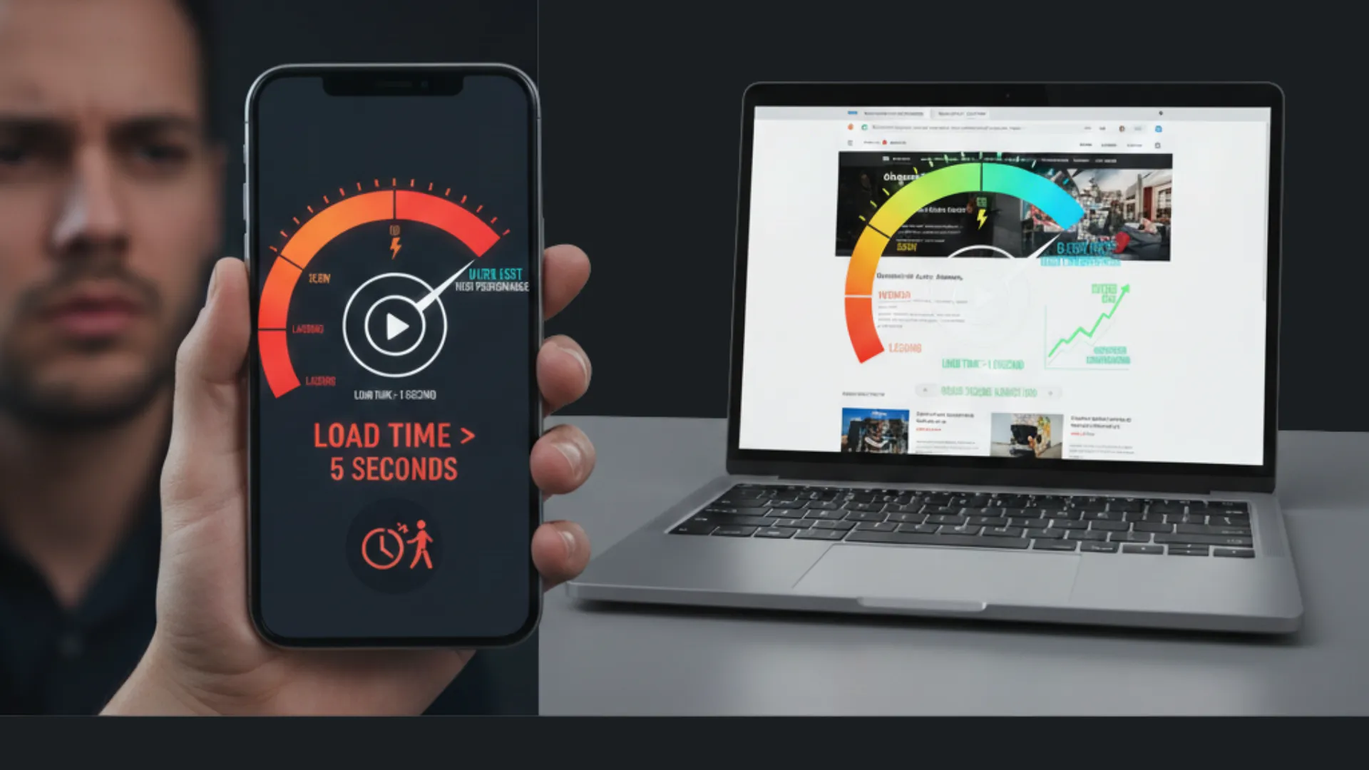 User leaving a slow-loading website on phone while fast competitor site loads instantly.